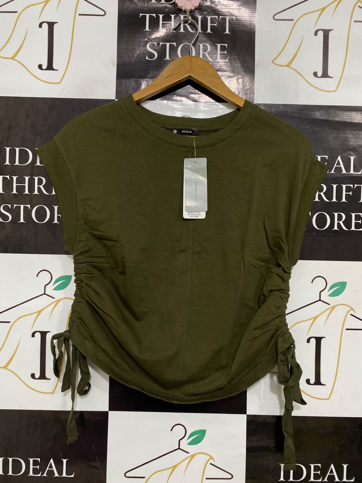 TARGET WOMAN |XS| BUST 17| A35| OLIVE GREEN SIDE-RUCHED COTTON CAP SLEEVE TOP