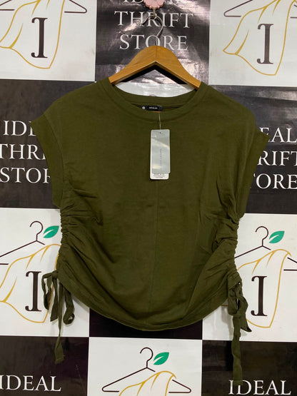 TARGET WOMAN |XS| BUST 17| A35| OLIVE GREEN SIDE-RUCHED COTTON CAP SLEEVE TOP