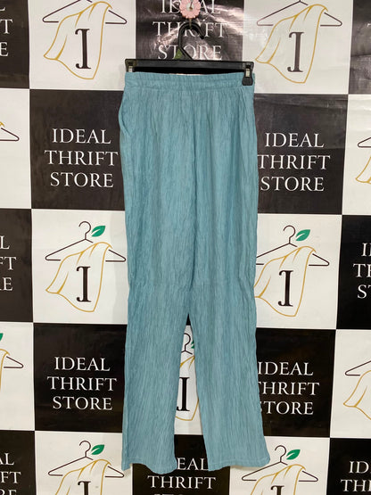 |S| WAIST 22| A34| SAGE BLUE CRINKLE-TEXTURED RELAXED WIDE-LEG LOUNGE PANTS