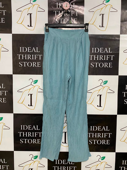|S| WAIST 22| A34| SAGE BLUE CRINKLE-TEXTURED RELAXED WIDE-LEG LOUNGE PANTS