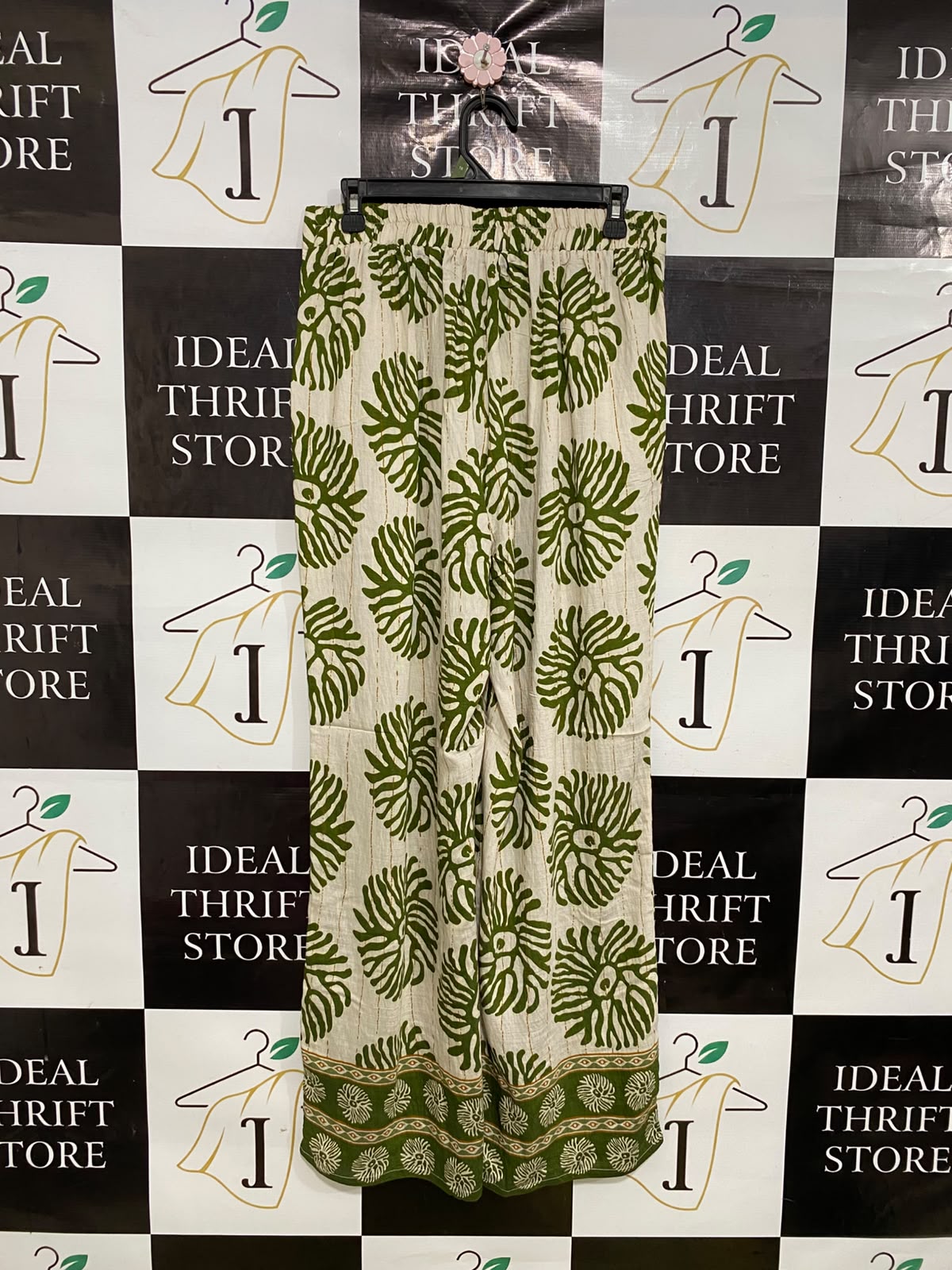 VALLEY GIRL |L| WAIST 30| A34| OLIVE GREEN & BEIGE FLORAL-PRINT BLOCK-BORDER WIDE-LEG PALAZZO PANTS
