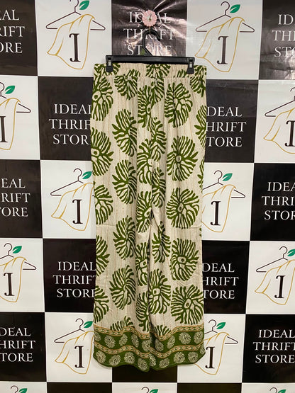 VALLEY GIRL |L| WAIST 30| A34| OLIVE GREEN & BEIGE FLORAL-PRINT BLOCK-BORDER WIDE-LEG PALAZZO PANTS