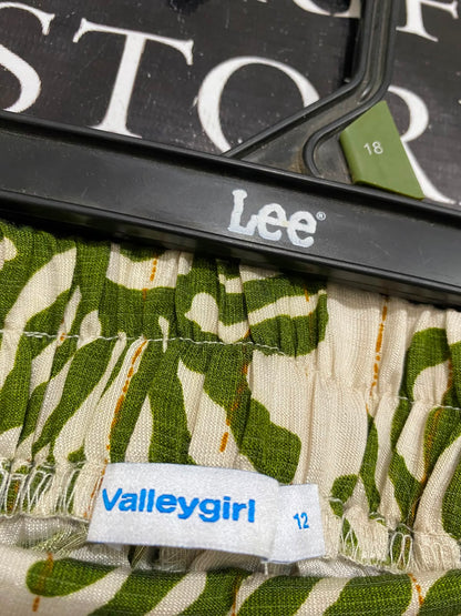 VALLEY GIRL |L| WAIST 30| A34| OLIVE GREEN & BEIGE FLORAL-PRINT BLOCK-BORDER WIDE-LEG PALAZZO PANTS