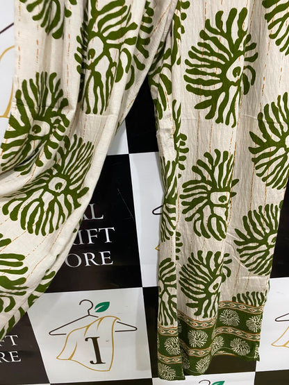 VALLEY GIRL |L| WAIST 30| A34| OLIVE GREEN & BEIGE FLORAL-PRINT BLOCK-BORDER WIDE-LEG PALAZZO PANTS