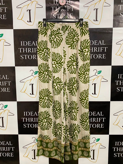VALLEY GIRL |L| WAIST 30| A34| OLIVE GREEN & BEIGE FLORAL-PRINT BLOCK-BORDER WIDE-LEG PALAZZO PANTS