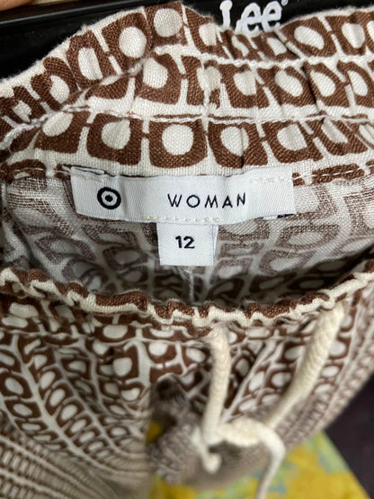 TARGET WOMAN |L| WAIST 32| A34| BROWN GEOMETRIC-PRINT DRAWSTRING WIDE-LEG LOUNGE PANTS