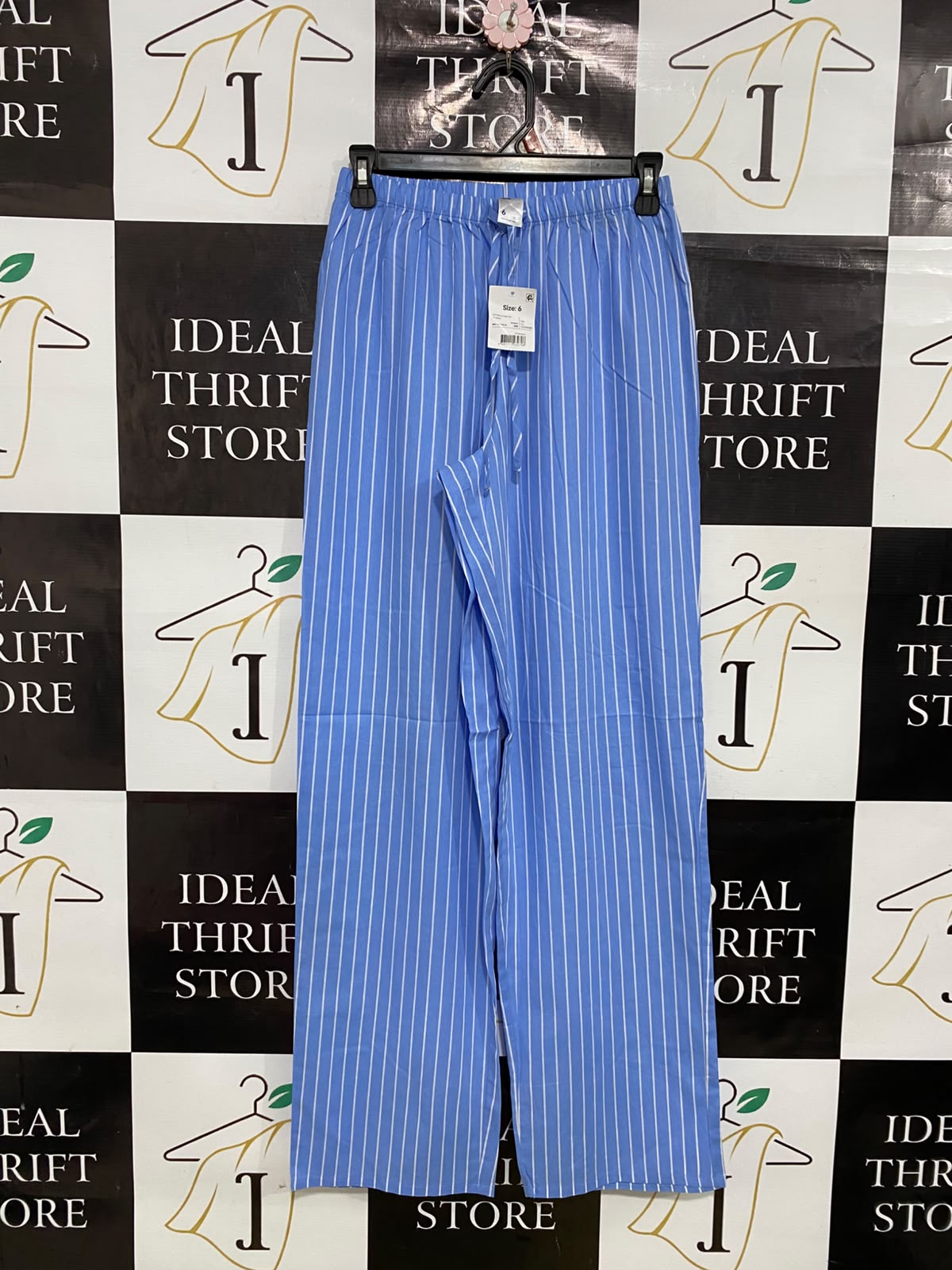 ANKO |XS| WAIST 24| A34| BLUE & WHITE STRIPED COTTON DRAWSTRING WIDE-LEG LOUNGE PANTS