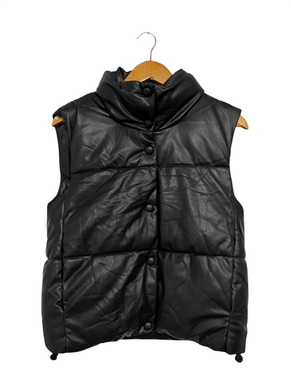 ZARA |XS| BUST 19| A35| BLACK FAUX-LEATHER PUFFER VEST COAT