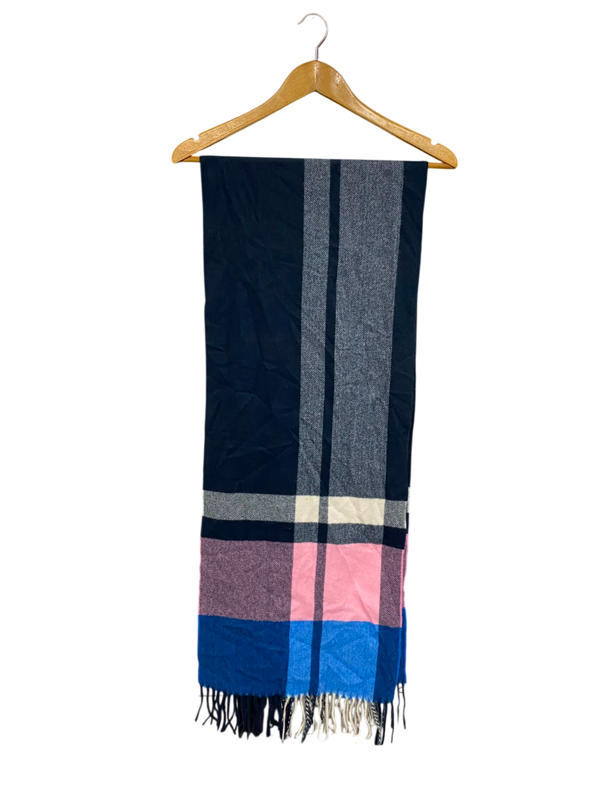 M&S NAVY BLUE COLORBLOCK PLAID WINTER SCARF WITH FRINGE