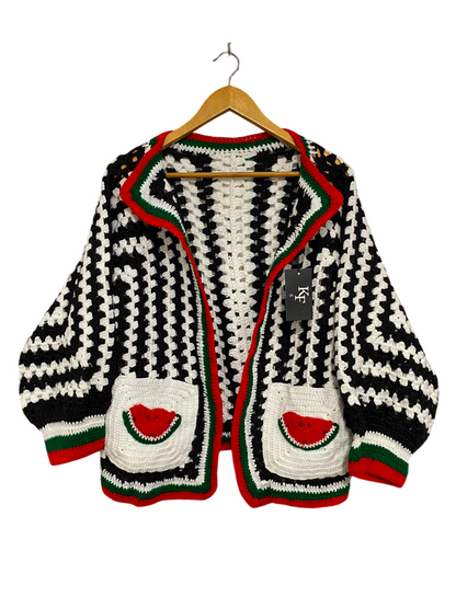 KF |S| BUST FREE| A35| BLACK & WHITE CROCHET WATERMELON POCKET CARDIGAN