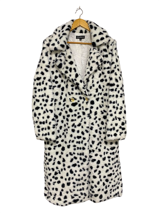 EILLY BAZAR |M| BUST 21| A35| BLACK & WHITE DALMATIAN PRINT FAUX-FUR LONG WINTER COAT