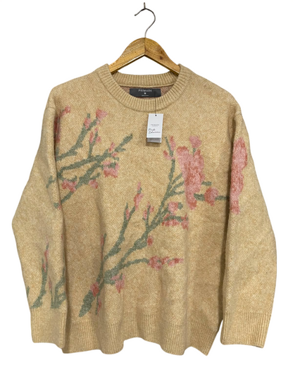PRIMARK |M| BUST 23| A35| BEIGE CHERRY BLOSSOM INTARSIA KNIT CREW-NECK SWEATER