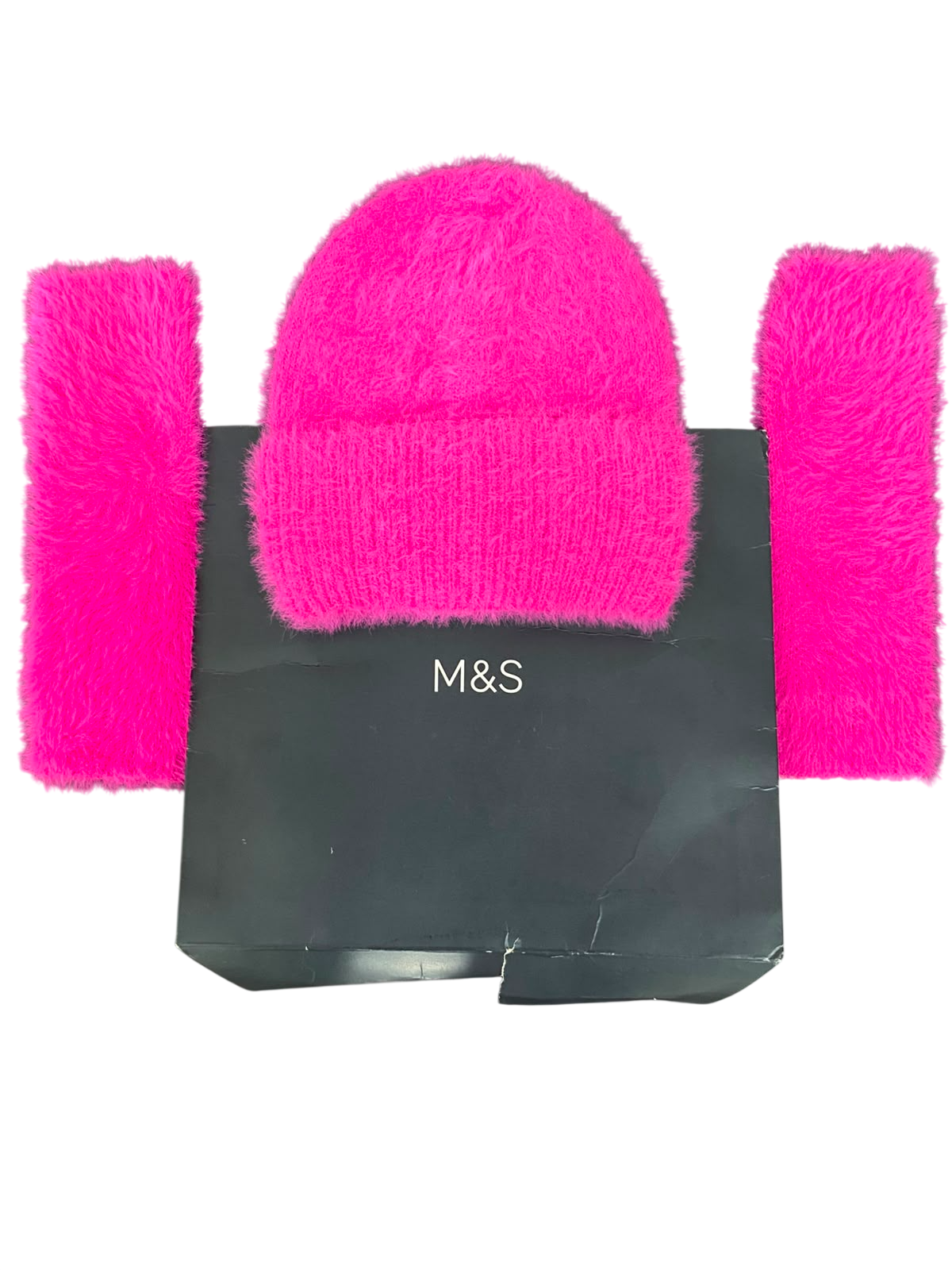 M&S HOT PINK FLUFFY KNIT BEANIE AND MATCHING SCARF SET