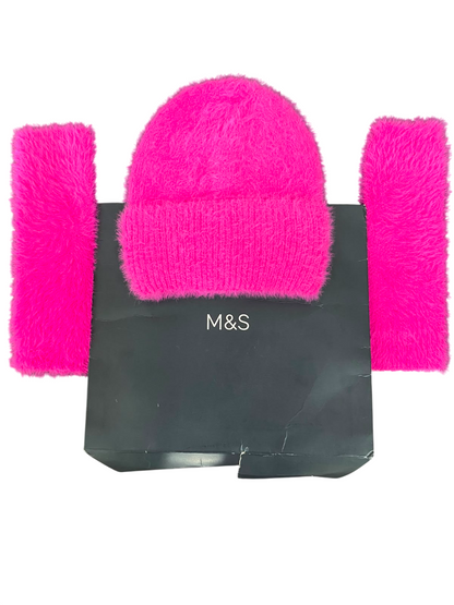 M&S HOT PINK FLUFFY KNIT BEANIE AND MATCHING SCARF SET