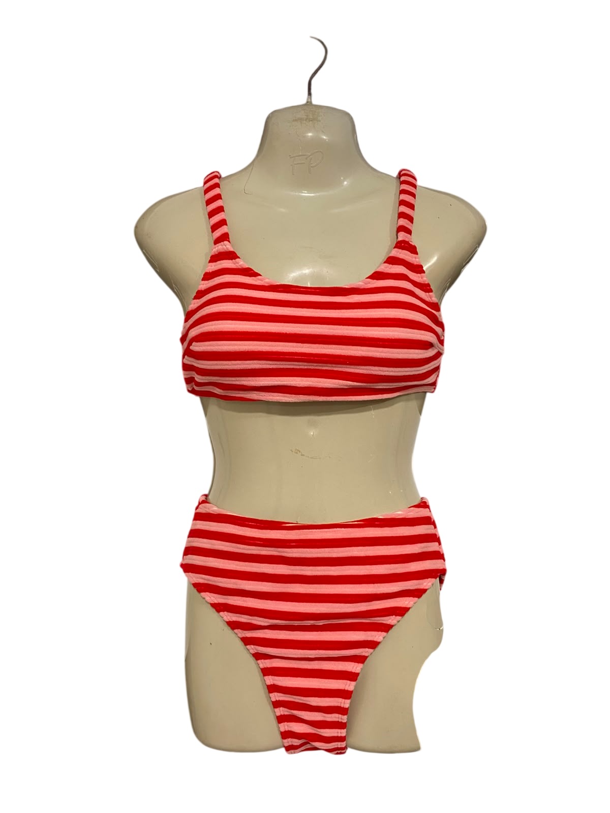 |S| A36| RED & PINK STRIPED HIGH-WAISTED TWO-PIECE SWIMSUIT