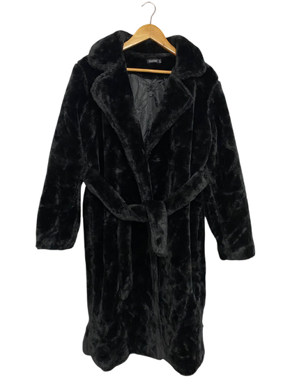 BOOHOO |M| BUST 20| A36| BLACK PLUSH FAUX-FUR BELTED LONG WINTER COAT