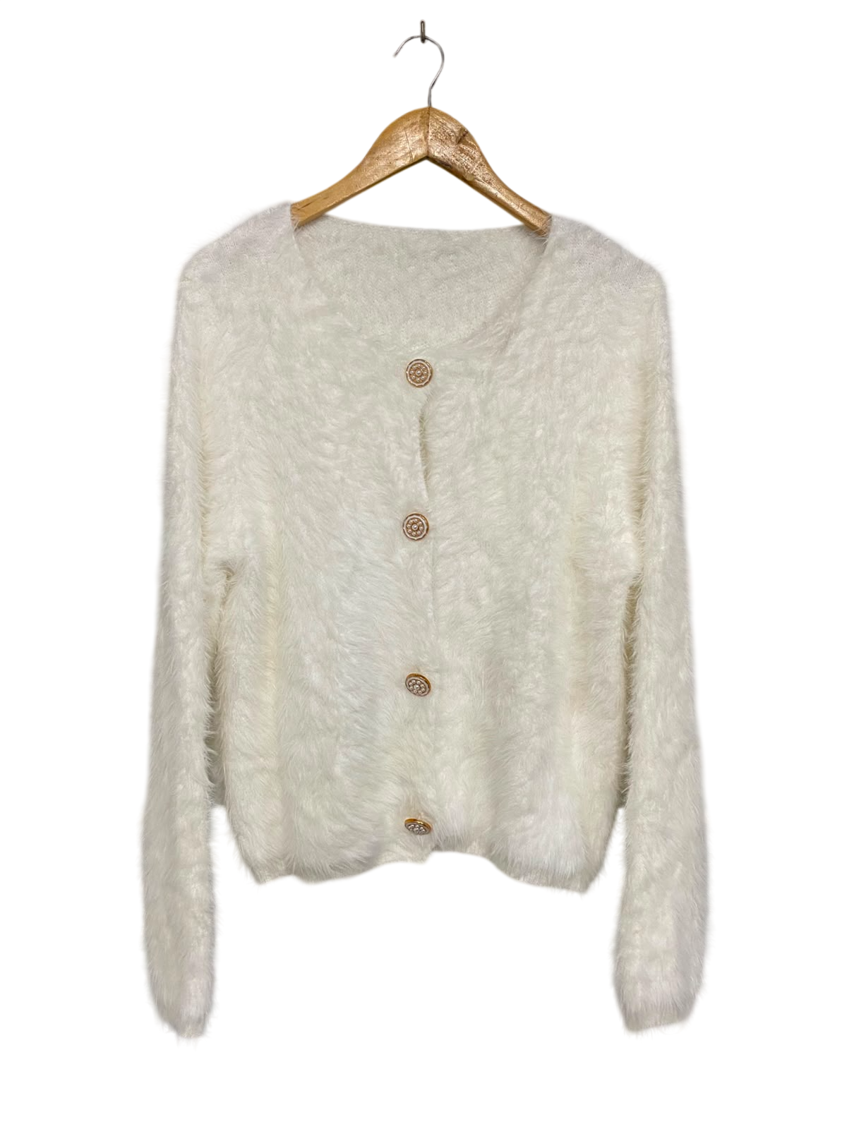 |XL| BUST 19| A36| WHITE FLUFFY FUZZY LONG-SLEEVE BUTTON-UP CARDIGAN