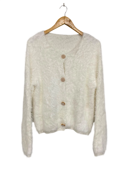|XL| BUST 19| A36| WHITE FLUFFY FUZZY LONG-SLEEVE BUTTON-UP CARDIGAN