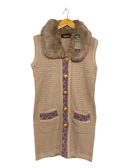 LIZA |M| BUST 19| A36| BEIGE FAUX-FUR COLLAR PATTERNED KNIT LONG VEST CARDIGAN