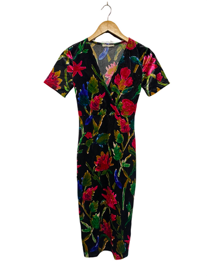 ZARA |S| BUST 13| A36| BLACK MULTICOLOR FLORAL VELVET SHORT-SLEEVE MIDI DRESS