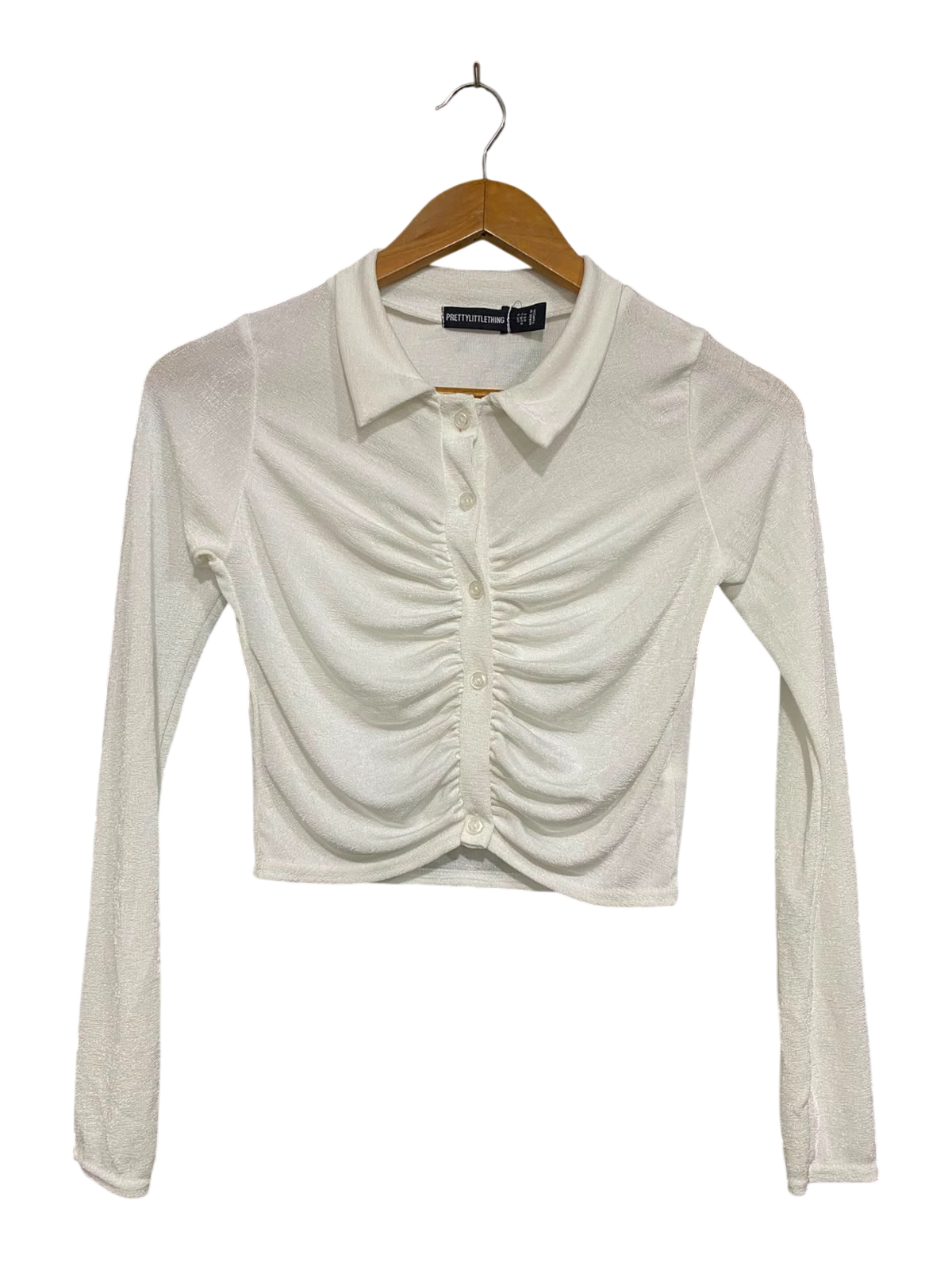 PRETTYLITTLE THING |S| BUST 15| A36| WHITE RUFFLED BUTTON-UP LONG-SLEEVE CROPPED POLO TOP