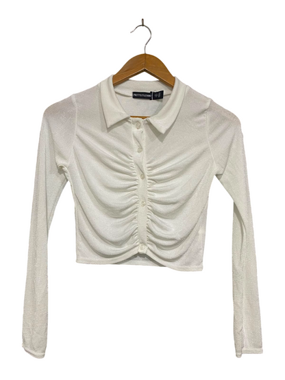 PRETTYLITTLE THING |S| BUST 15| A36| WHITE RUFFLED BUTTON-UP LONG-SLEEVE CROPPED POLO TOP