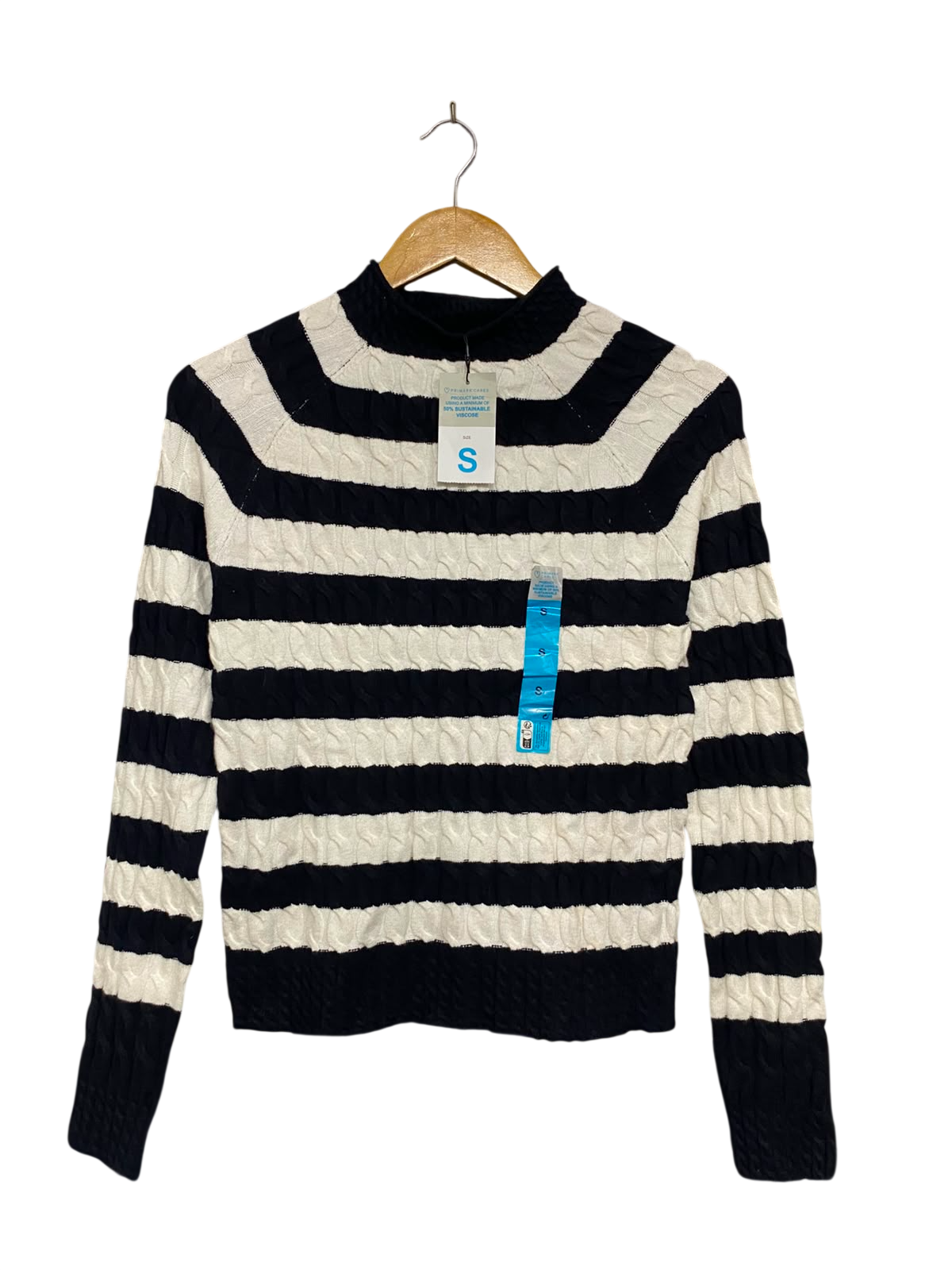 PRIMARK |S| BUST 16| A36| BLACK & WHITE STRIPED CABLE-KNIT MOCK-NECK SWEATER