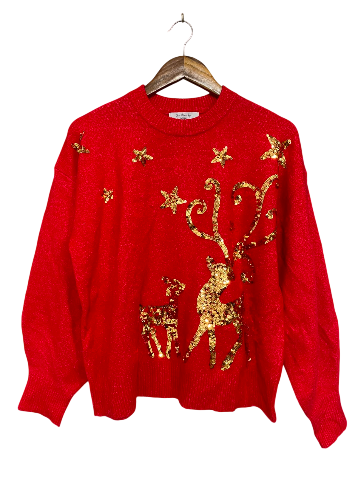 GEORGE |M| BUST 21| A36| RED GOLD SEQUIN REINDEER FESTIVE LONG-SLEEVE KNIT SWEATER