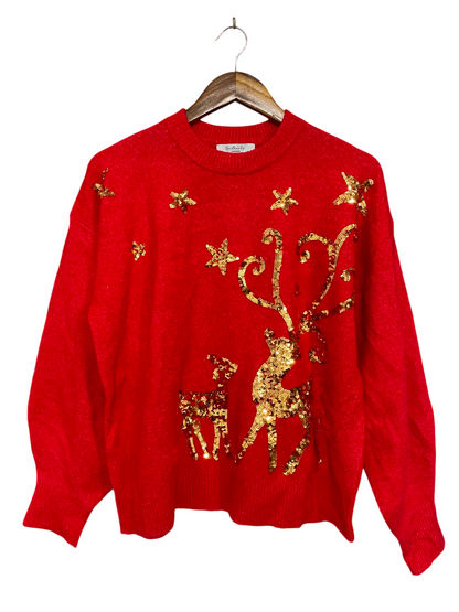 GEORGE |M| BUST 21| A36| RED GOLD SEQUIN REINDEER FESTIVE LONG-SLEEVE KNIT SWEATER