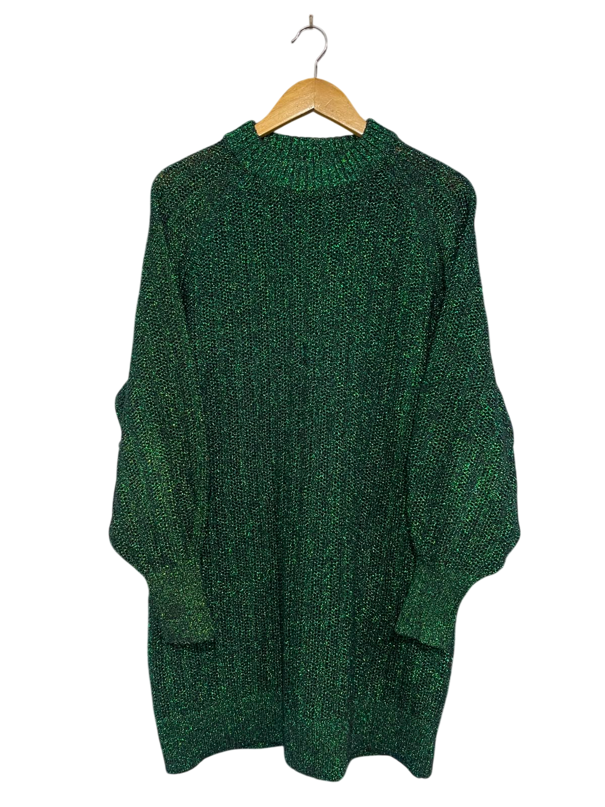 H&M |S| BUST 22| A36| METALLIC EMERALD GREEN LUSTRE LONG-SLEEVE KNIT SWEATER DRESS