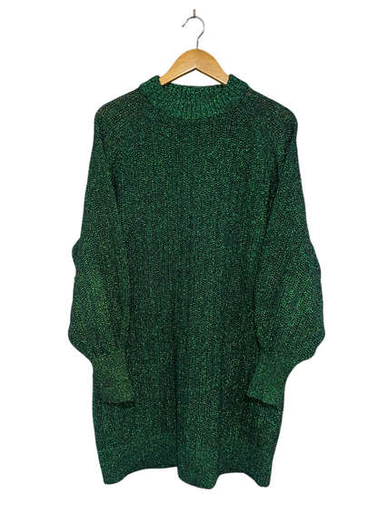 H&M |S| BUST 22| A36| METALLIC EMERALD GREEN LUSTRE LONG-SLEEVE KNIT SWEATER DRESS