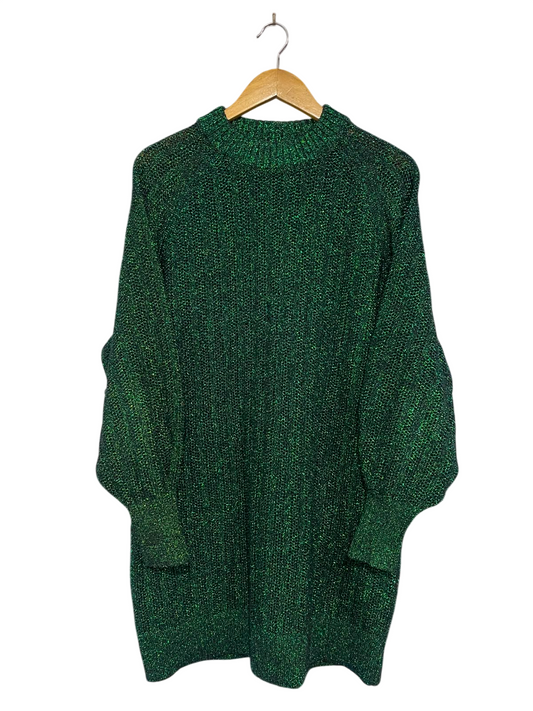 H&M |S| BUST 22| A36| METALLIC EMERALD GREEN LUSTRE LONG-SLEEVE KNIT SWEATER DRESS