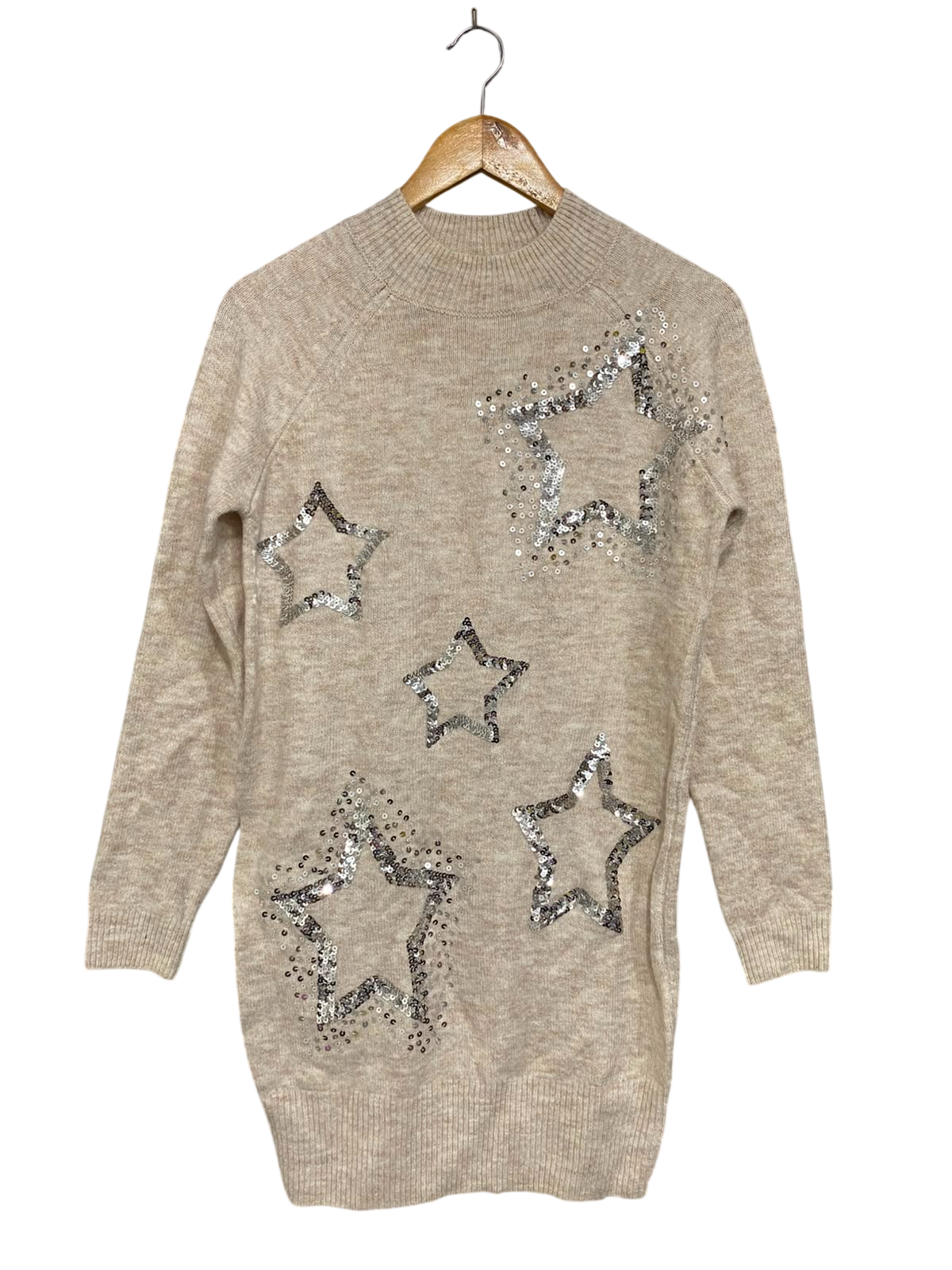 PAPAYA |S| BUST 18| A36| BEIGE SEQUIN STAR-EMBOSSED LONG-SLEEVE KNIT TUNIC DRESS