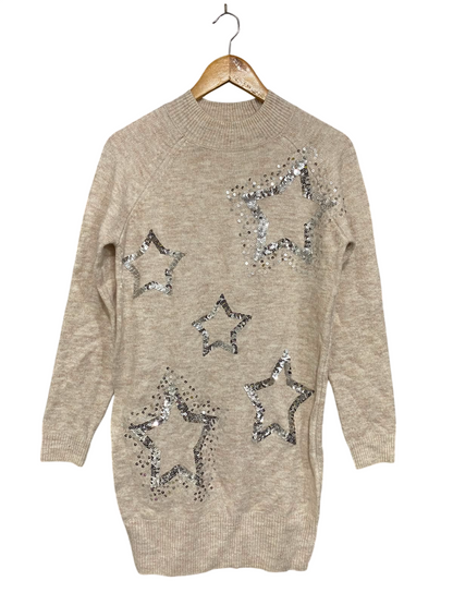 PAPAYA |S| BUST 18| A36| BEIGE SEQUIN STAR-EMBOSSED LONG-SLEEVE KNIT TUNIC DRESS