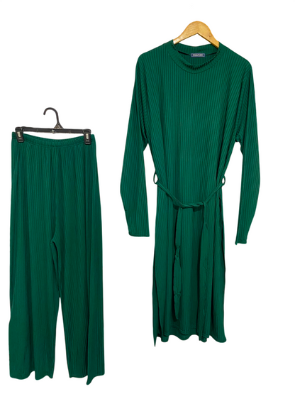 SIGNATURE |M| A36| EMERALD GREEN RIBBED LONG-SLEEVE TUNIC AND WIDE-LEG TROUSER SET