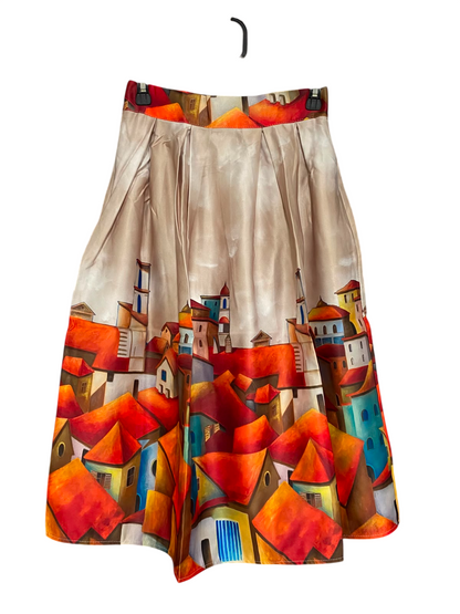 VANIS |XS| WAIST 24| A36| TOWN SCENE ART PRINT PLEATED MIDI SKIRT