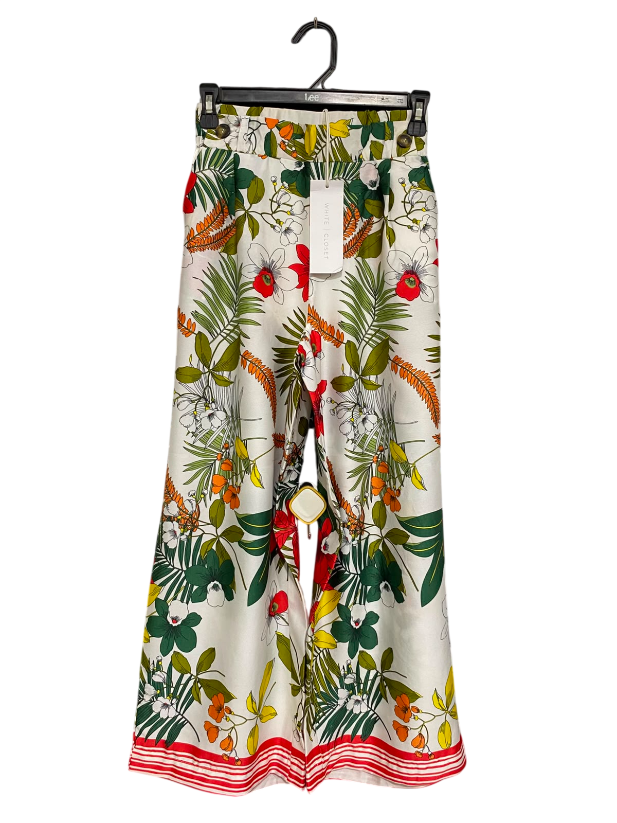WHITE CLOSET |XS| WAIST 23| A36| WHITE TROPICAL BOTANICAL PRINT WIDE-LEG SATIN TROUSERS