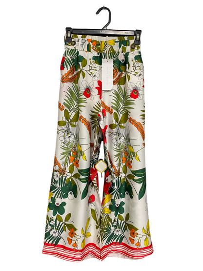 WHITE CLOSET |XS| WAIST 23| A36| WHITE TROPICAL BOTANICAL PRINT WIDE-LEG SATIN TROUSERS