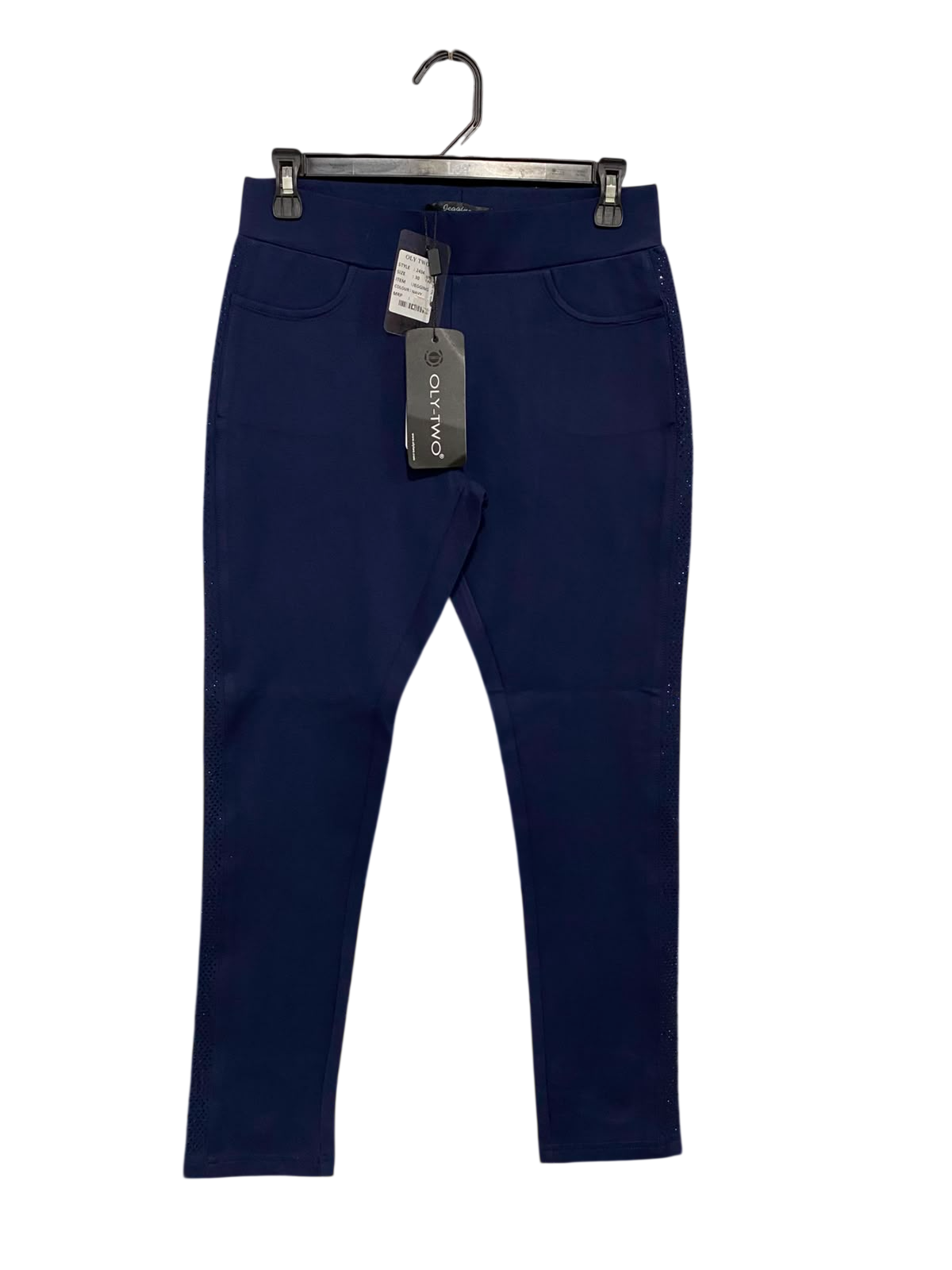 OLY TWO |M| WAIST 28| A36| NAVY BLUE PERFORMANCE-STRETCH SIDE-STRIPE LEGGINGS