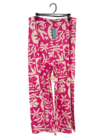 SPORTS GIRL |XL| WAIST 34| A36| HOT PINK & BEIGE ABSTRACT FLORAL PRINT WIDE-LEG LINEN TROUSERS
