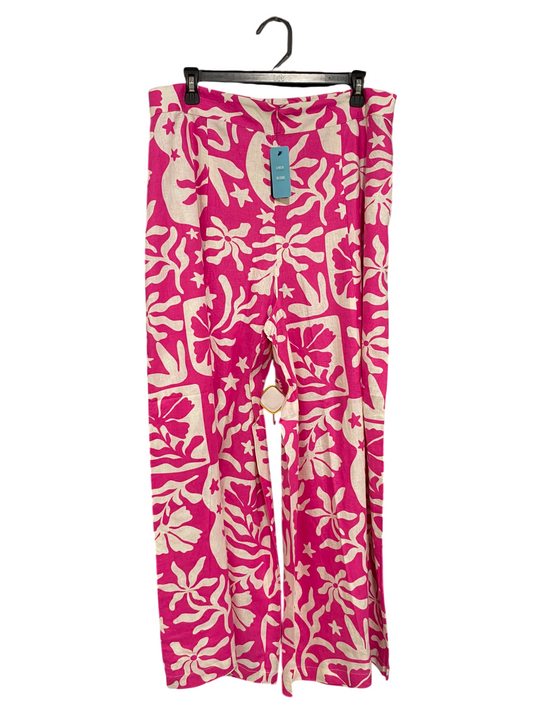 SPORTS GIRL |XL| WAIST 34| A36| HOT PINK & BEIGE ABSTRACT FLORAL PRINT WIDE-LEG LINEN TROUSERS