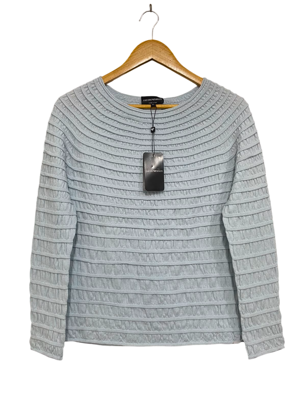 EMPORIO ARMANI |M| BUST 17| A36| LIGHT BLUE TEXTURED PLEATED LONG-SLEEVE JUMPER