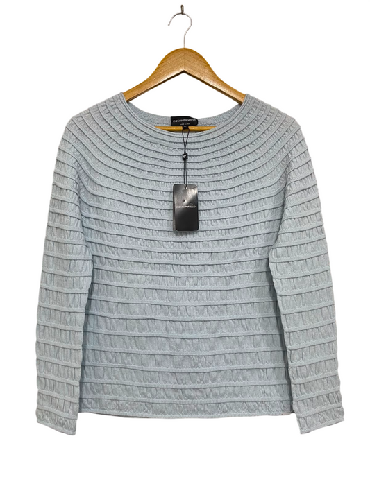EMPORIO ARMANI |M| BUST 17| A36| LIGHT BLUE TEXTURED PLEATED LONG-SLEEVE JUMPER