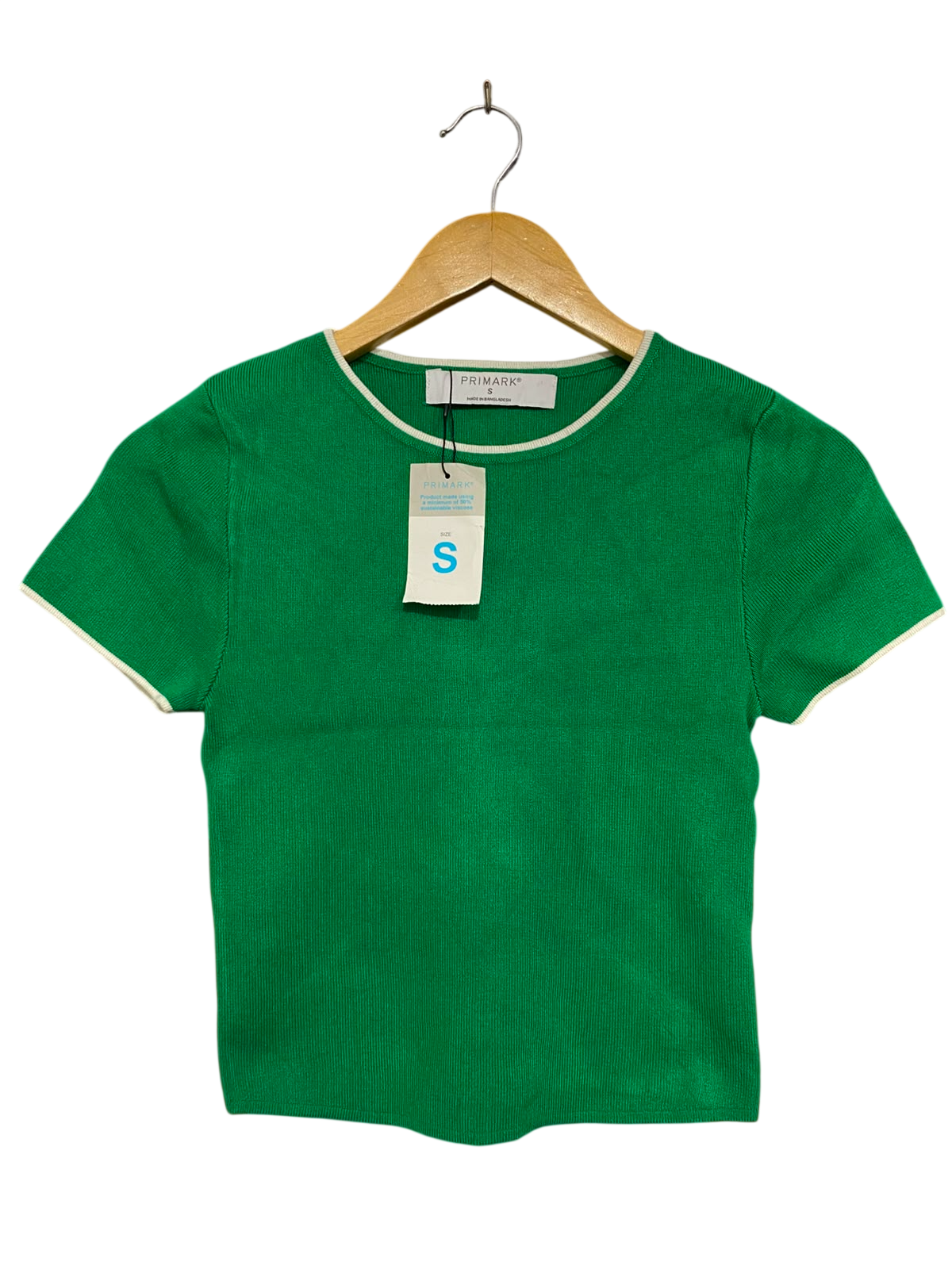 PRIMARK |S| BUST 12| A36| EMERALD GREEN CONTRAST-TRIM SHORT-SLEEVE FITTED TOP