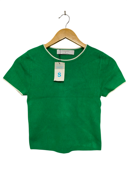PRIMARK |S| BUST 12| A36| EMERALD GREEN CONTRAST-TRIM SHORT-SLEEVE FITTED TOP