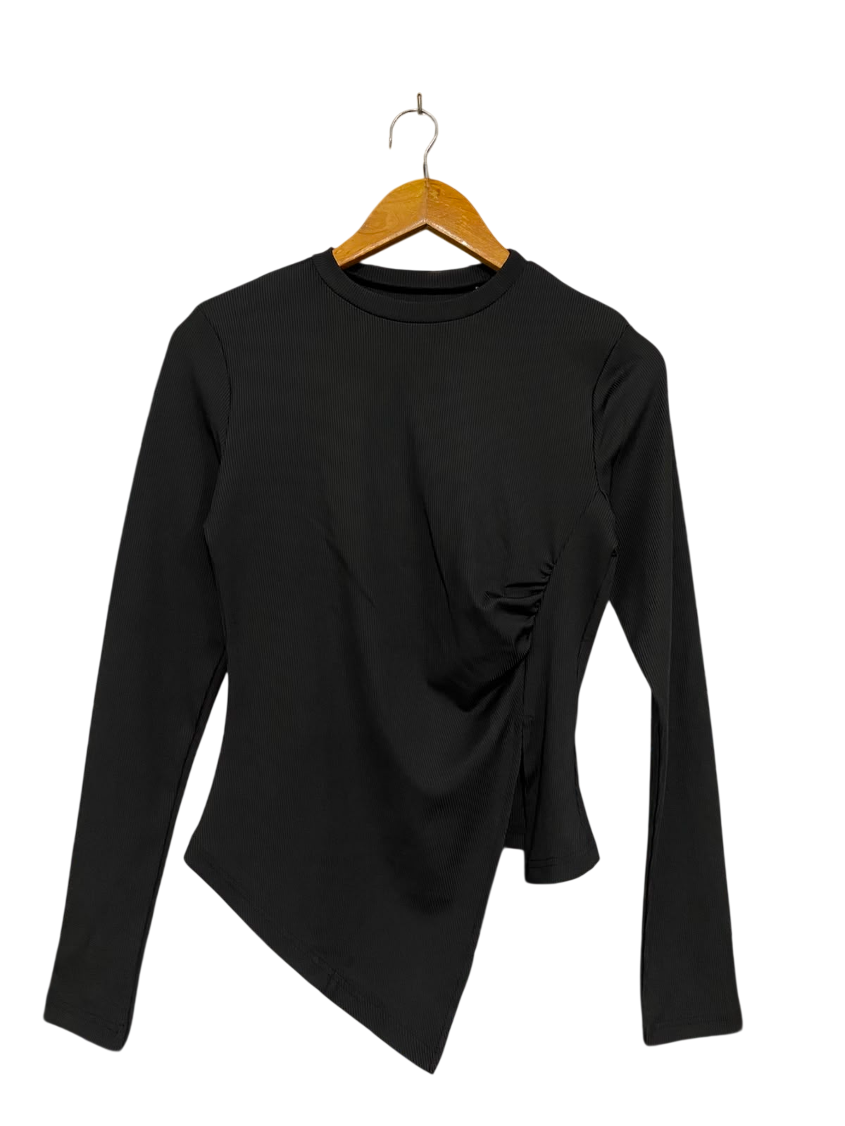 |L| BUST 15| A36| BLACK RIBBED CREW-NECK ASYMMETRIC GATHERED LONG-SLEEVE TOP