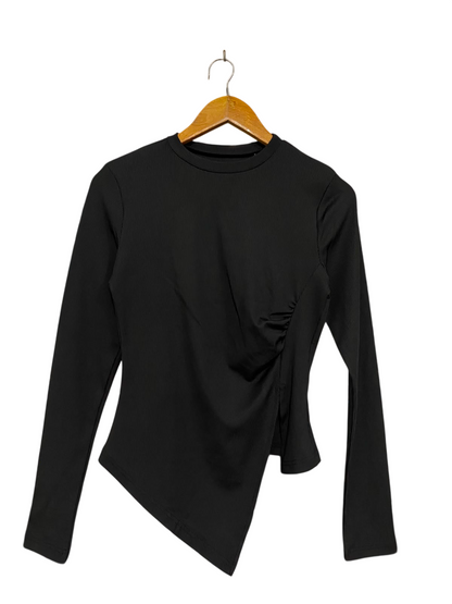 |L| BUST 15| A36| BLACK RIBBED CREW-NECK ASYMMETRIC GATHERED LONG-SLEEVE TOP