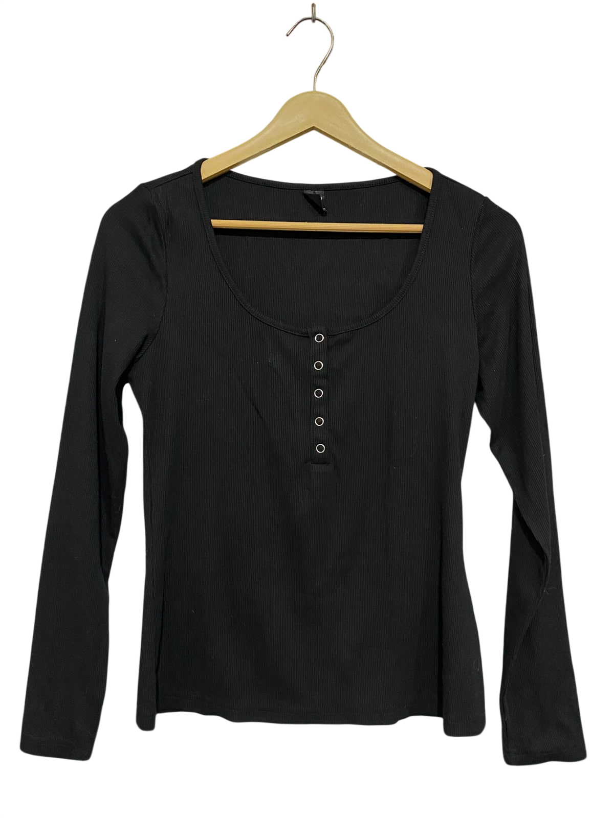 SHEIN |M| BUST 16| A36| BLACK RIBBED SCOOP-NECK BUTTON-FRONT LONG-SLEEVE FITTED TOP