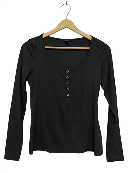 SHEIN |M| BUST 16| A36| BLACK RIBBED SCOOP-NECK BUTTON-FRONT LONG-SLEEVE FITTED TOP