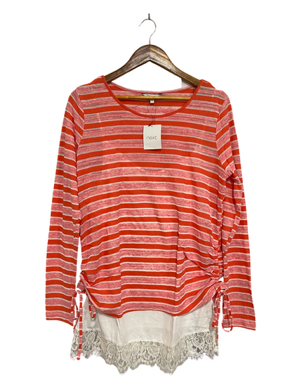 NEXT |L| BUST 21| A36| CORAL & WHITE STRIPED LACE-HEM LAYERED LONG-SLEEVE TOP